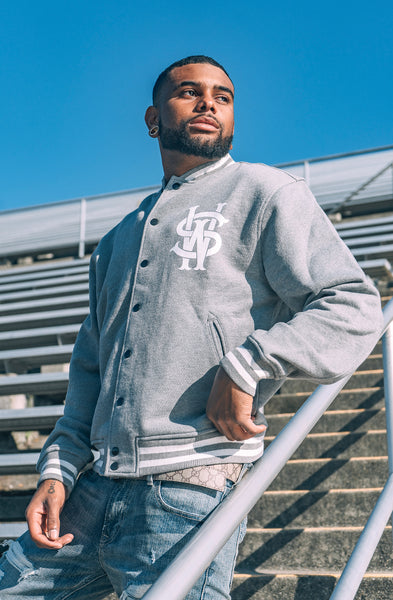 Stay Winning Original Logo/Script Grey/White Varsity Jacket