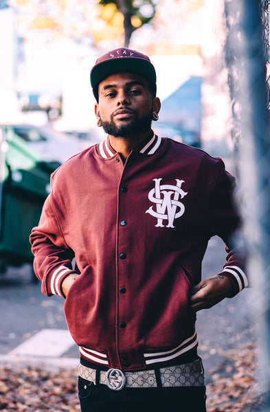 Stay Winning Original Logo/Script Maroon/White Varsity Jacket