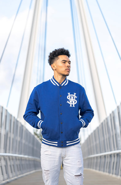 Stay Winning Original Logo/Script Blue/White Varsity Jacket