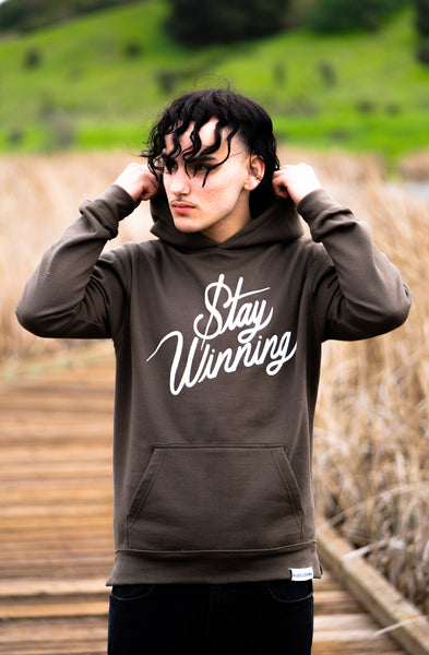 Stay Winning Dark Olive Script Cordless Hoodie