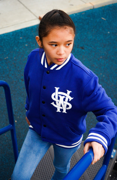 Stay Winning Original Logo/Script Blue/White Varsity Jacket