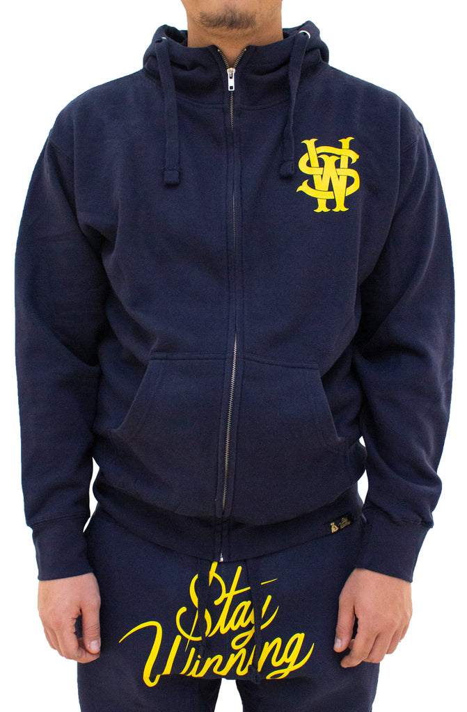 Stay Winning OG/Script Logo Navy/Yellow Full Zip-Up Hoodie Stay Winning OG/Script Logo Navy/Yellow Full Zip-Up Hoodie