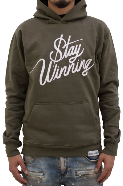 Stay Winning Dark Olive Script Cordless Hoodie