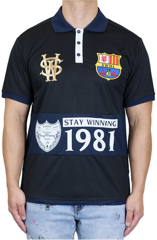 Bleiben Sie gewinnendes Fußball-Polo-T-Shirt in Schwarz/Navy