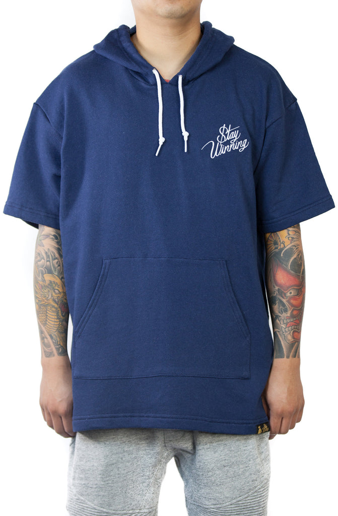 Stay Winning Navy Embroidered Short Sleeve Hoodie