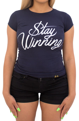 Stay Winning Navy Damen-Script-T-Shirt