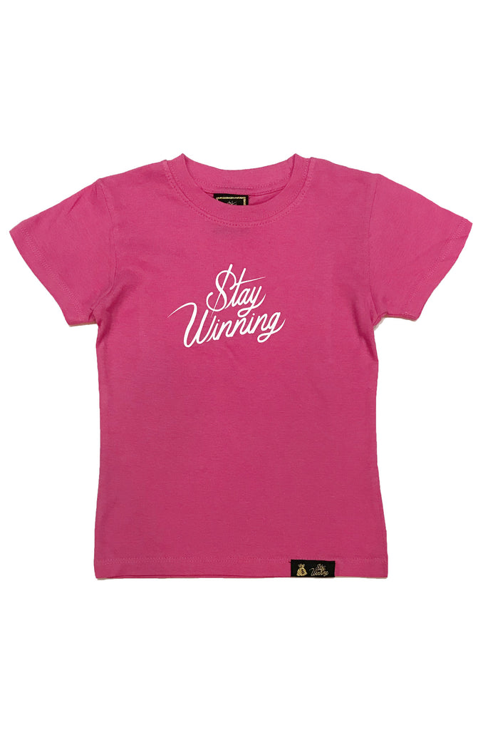 Stay Winning Youth Hot Pink Script Tee
